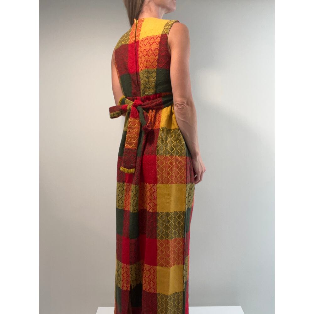 Vintage 1960s-70s Patchwork Plaid Sleeveless Maxi Dress w Belt Red Yellow Sm JL - Picture 3 of 11